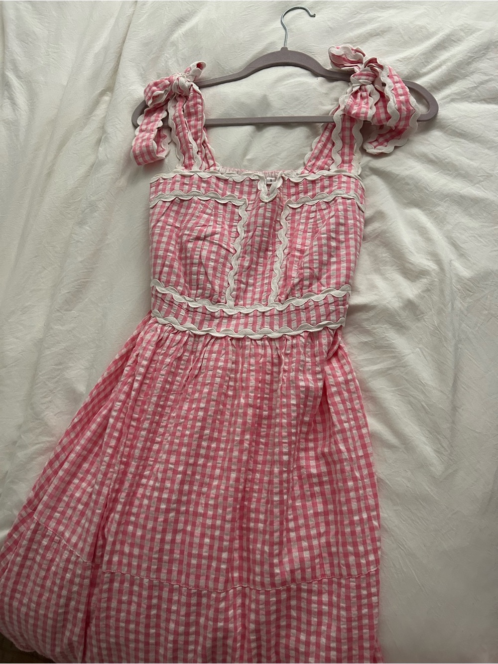 Pink Gingham Tie-Shoulder Casual Sundress chakeris